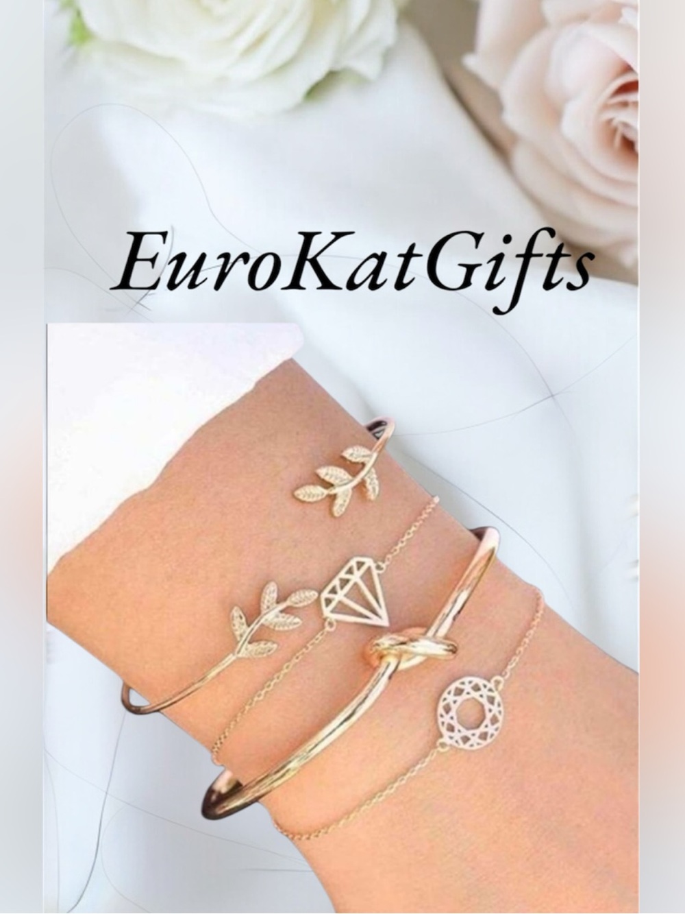 Elegant Gold Bracelet Set adjustable Gold over Stainless NEW - Picture 6 of 7
